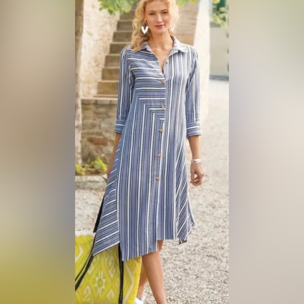 Soft Surroundings Standout Dress Blue Striped Asymmetrical Hem Knit Size M